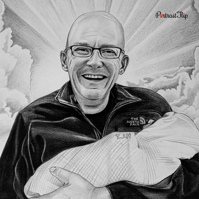 Charcoal portrait of man holding newborn grandchild